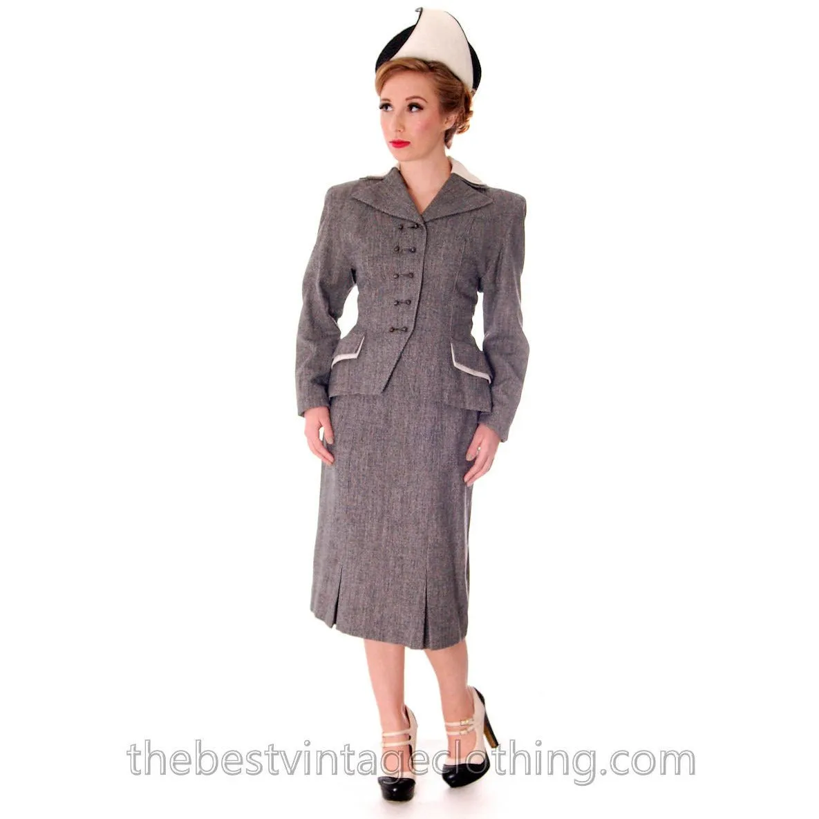 NOS Vintage Suit 1940s Womens Black & White Tweed 32-24-35 Hot Style