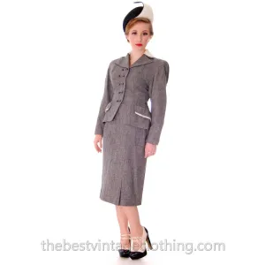 NOS Vintage Suit 1940s Womens Black & White Tweed 32-24-35 Hot Style