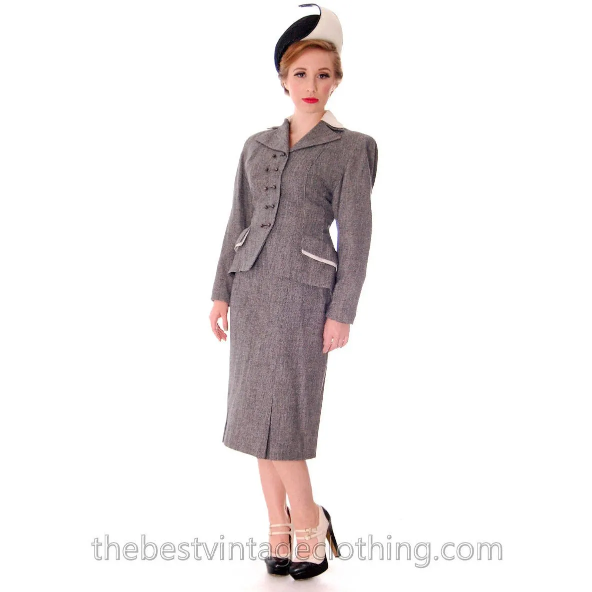 NOS Vintage Suit 1940s Womens Black & White Tweed 32-24-35 Hot Style