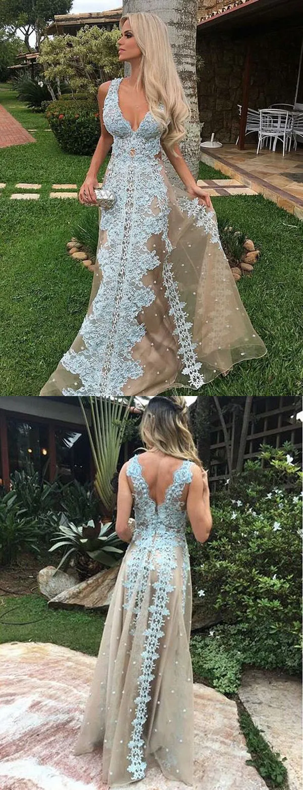 Nude Tulle Blue Applique A-line Sleeveless Charming Prom Dresses.PD00228