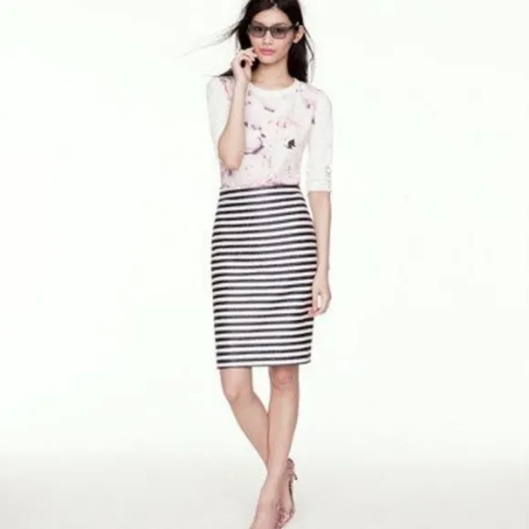 NWT J.CREW Navy Linen Striped No 2 Pencil Skirt 6