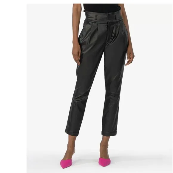 NWT KUT from the Kloth Lessie Coated Denim High-Waist Pleated Pants Faux Leather
