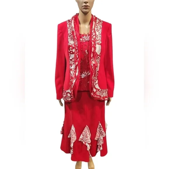 NWT vintage Louise Ricci women's red &amp; white 3 piece skirt suit church attire 8
