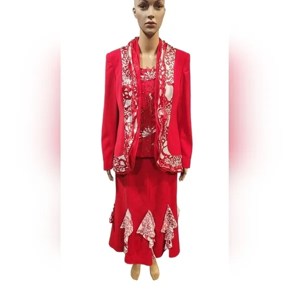 NWT vintage Louise Ricci women's red &amp; white 3 piece skirt suit church attire 8