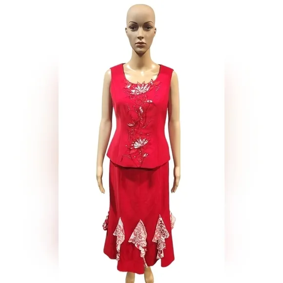 NWT vintage Louise Ricci women's red &amp; white 3 piece skirt suit church attire 8