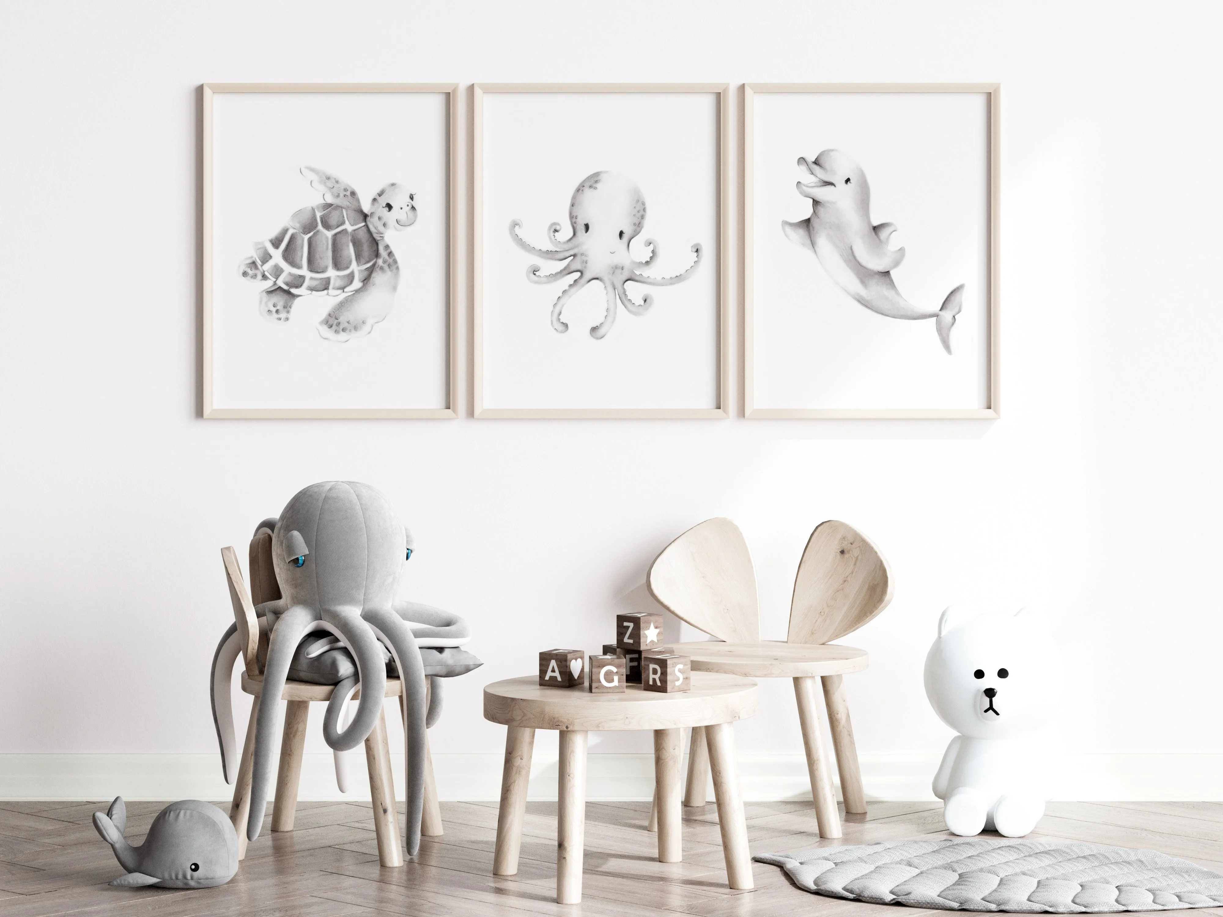 Ocean Friends Drawing Nursery Art Set of 3 Prints