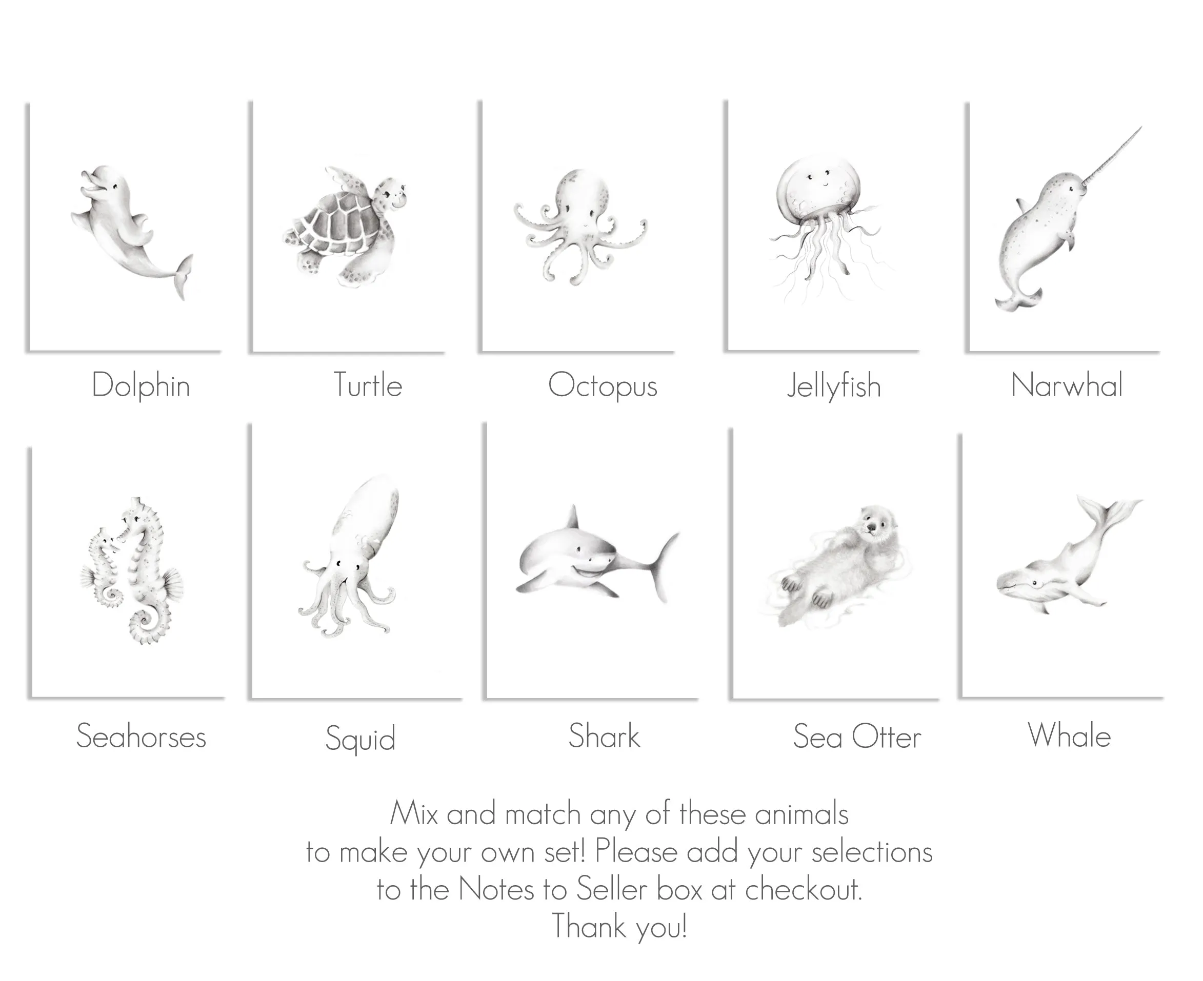 Ocean Friends Drawing Nursery Art Set of 3 Prints