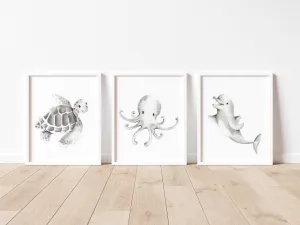 Ocean Friends Drawing Nursery Art Set of 3 Prints