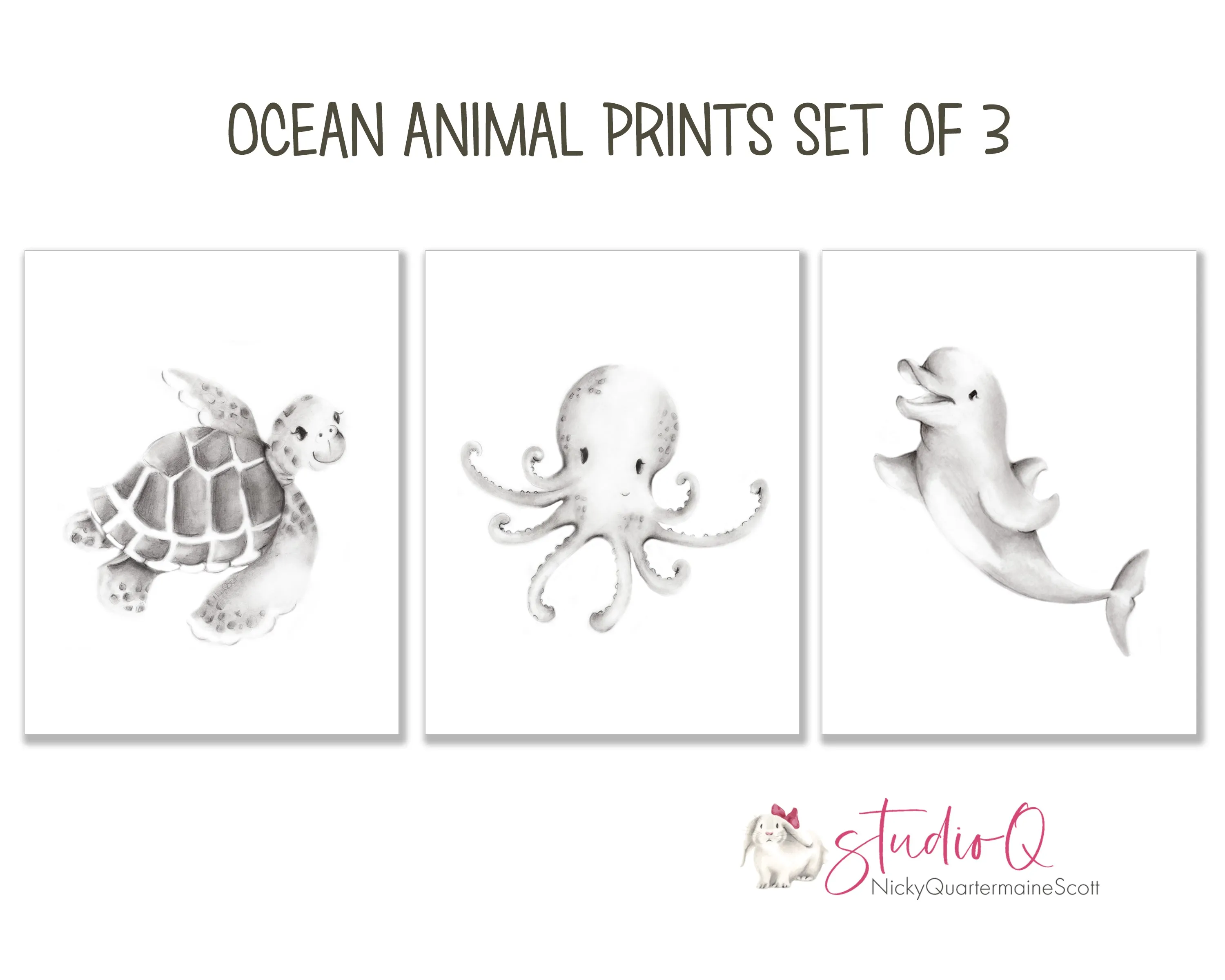 Ocean Friends Drawing Nursery Art Set of 3 Prints
