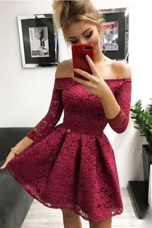 Off-the-Shoulder Long Sleeves Burgundy Lace Homecoming Dress, MH459