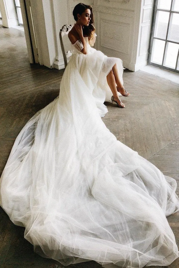 Off-the-shoulder Tulle Wedding Dress Gown with Long Train
