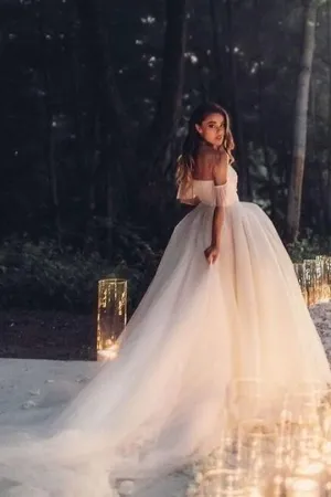 Off-the-shoulder Tulle Wedding Dress Gown with Long Train
