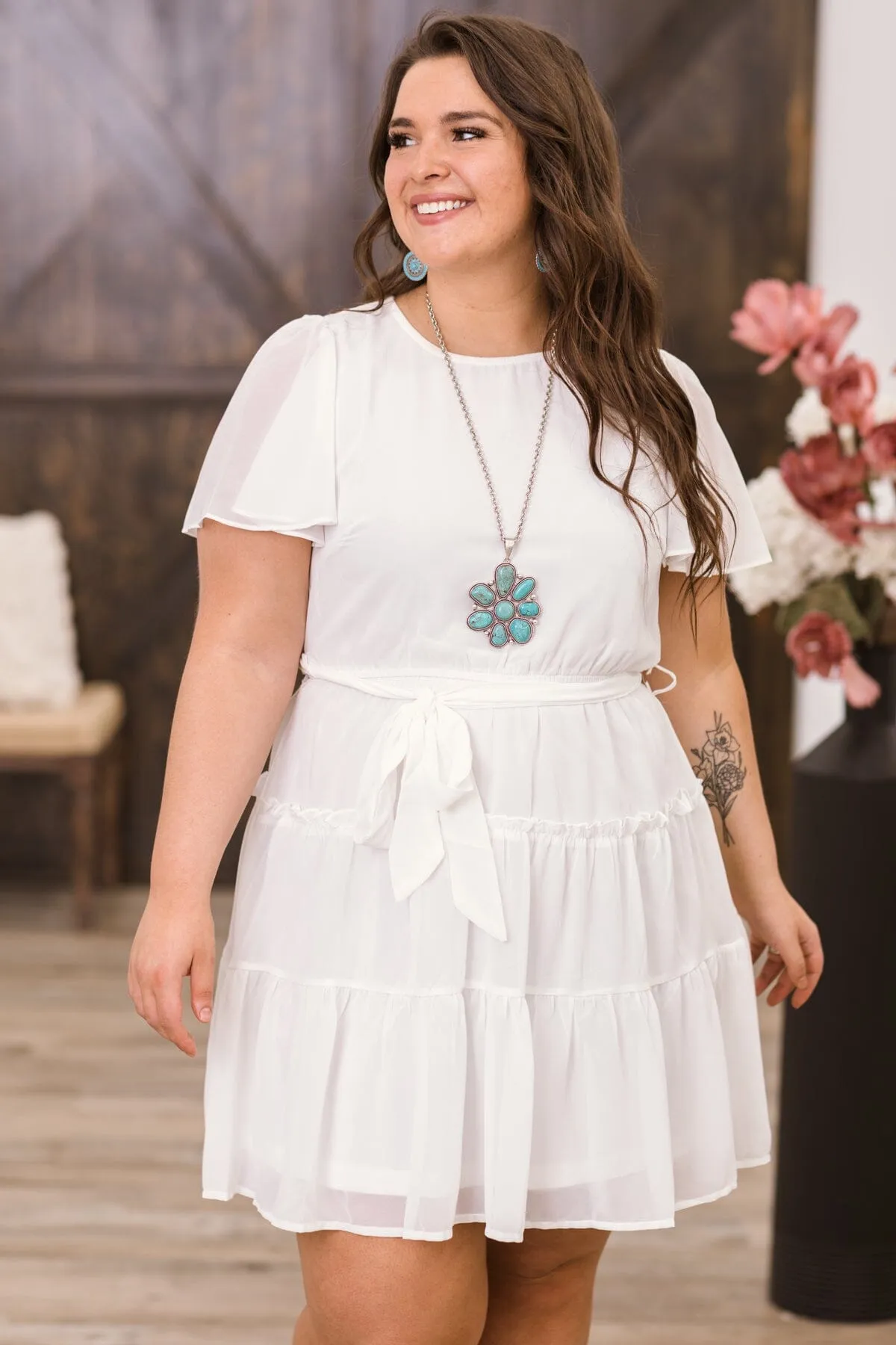 Off White Self Tie Waist Tiered Skirt Dress