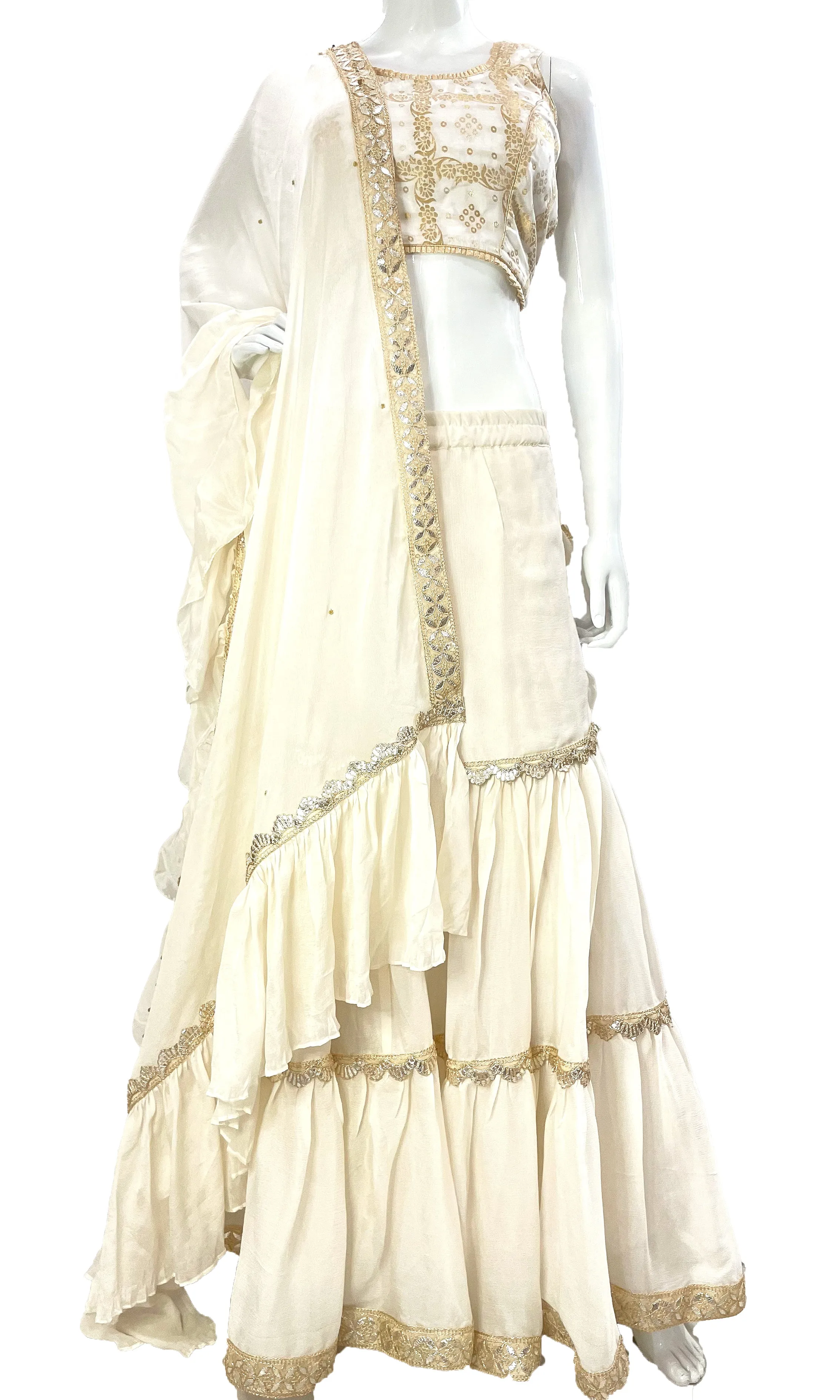 Off Wite Pure Chinon Saree, Ready to wear Sari, Skirt Saree with Pure Dola SILK Blouse