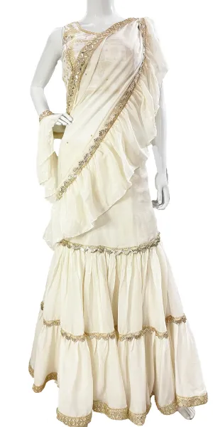 Off Wite Pure Chinon Saree, Ready to wear Sari, Skirt Saree with Pure Dola SILK Blouse