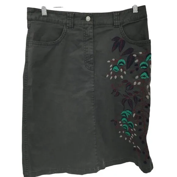 Oilily Gray Embroidered Knee Length Boho Skirt Size 38 US 8 Floral Stretch Chino