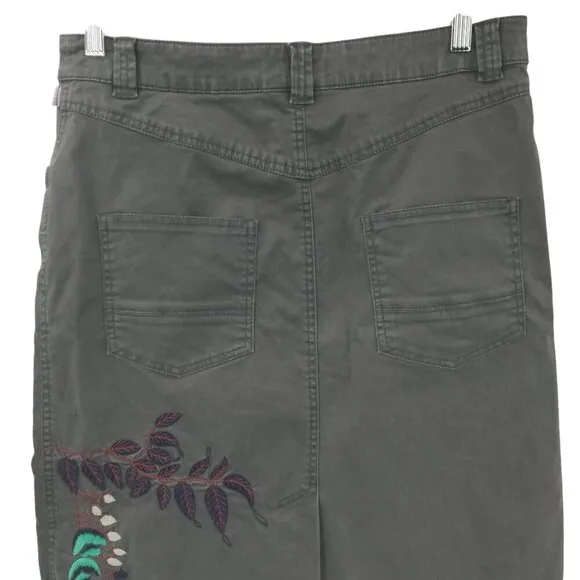Oilily Gray Embroidered Knee Length Boho Skirt Size 38 US 8 Floral Stretch Chino