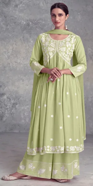 Olive Green Purple Nyra Cut Palazzo Suit, Lukhnawi embroidery Palazzo Suit, Indian Ethnic wear