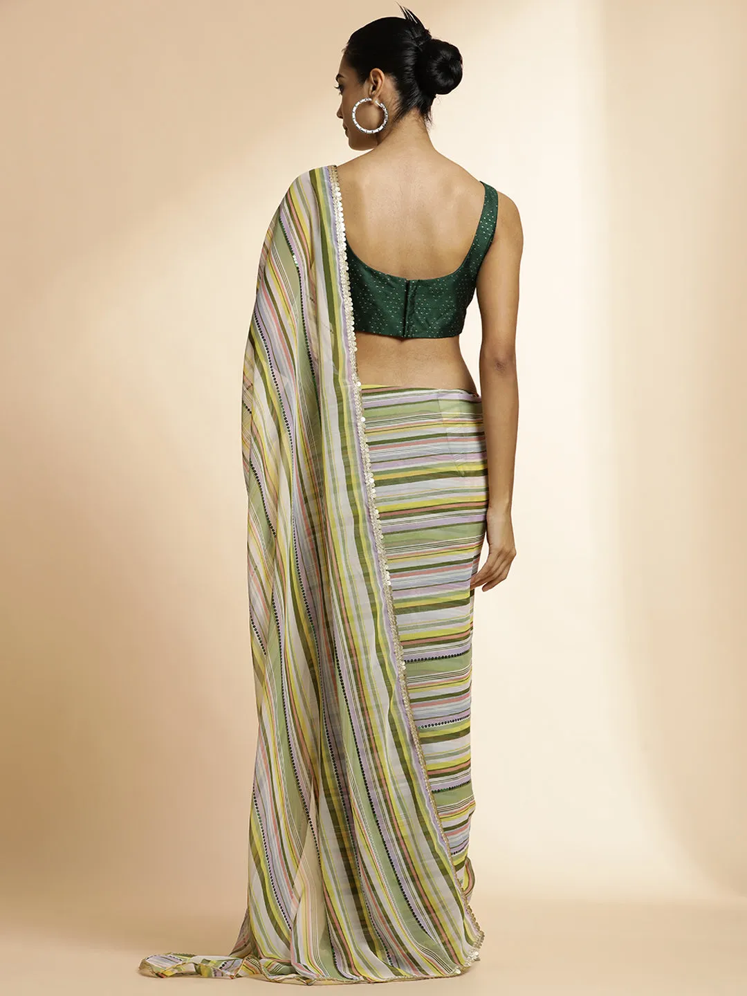 Olive Striped Sequin Embellished Festive Multicolor Saree