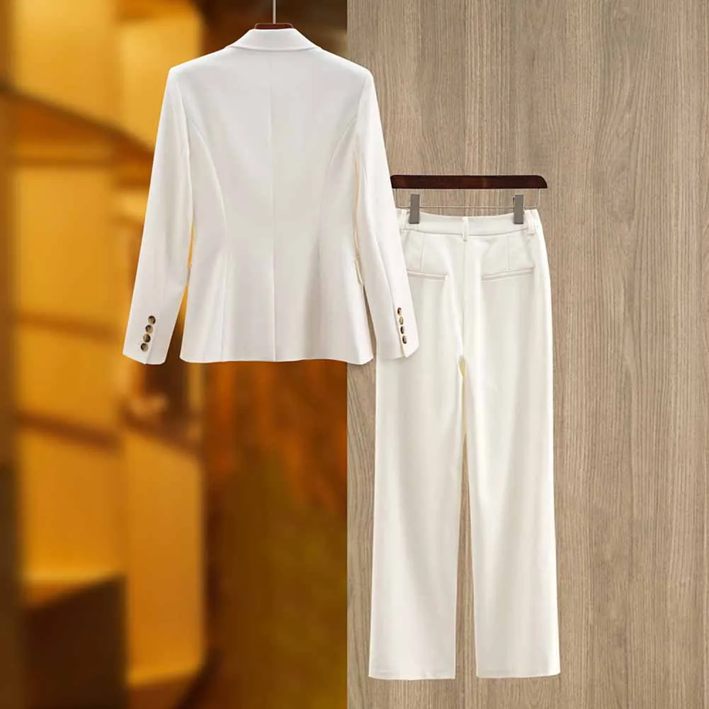 One Button White Pantsuit Fitted Blazer   Mid-High Rise Trousers Pantsuit Suit Formal Wear