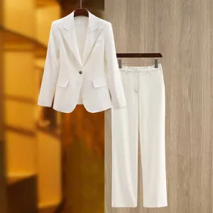 One Button White Pantsuit Fitted Blazer   Mid-High Rise Trousers Pantsuit Suit Formal Wear