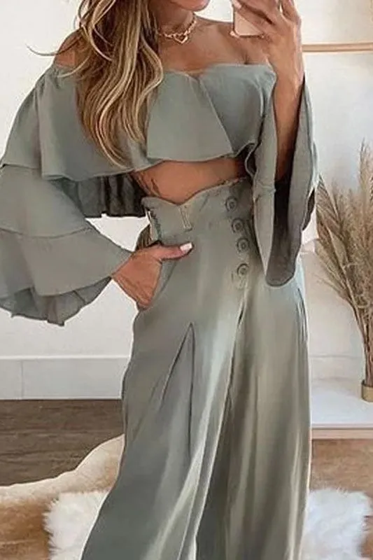 One Shoulder Pleated Backless Loose Pants Suit