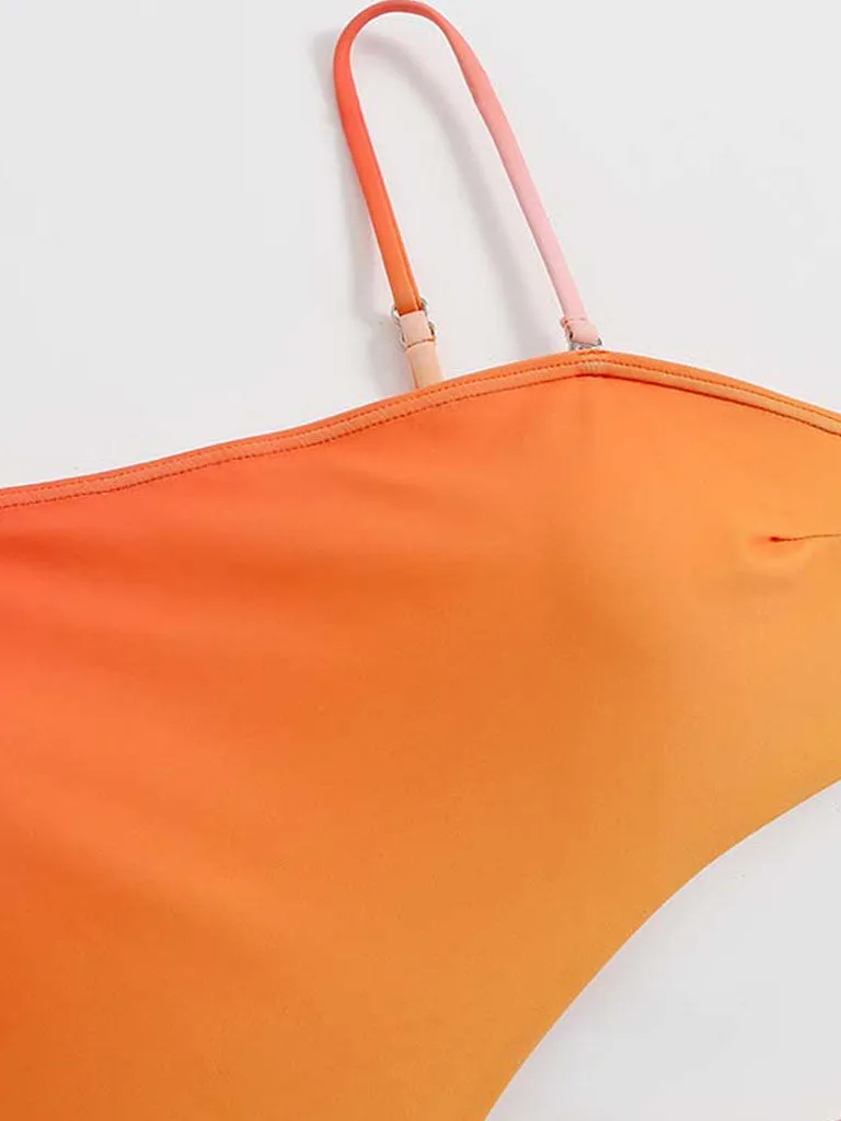 Orange Floral Print Flower Strap One Piece With Bathing Suit Wrap Skirt