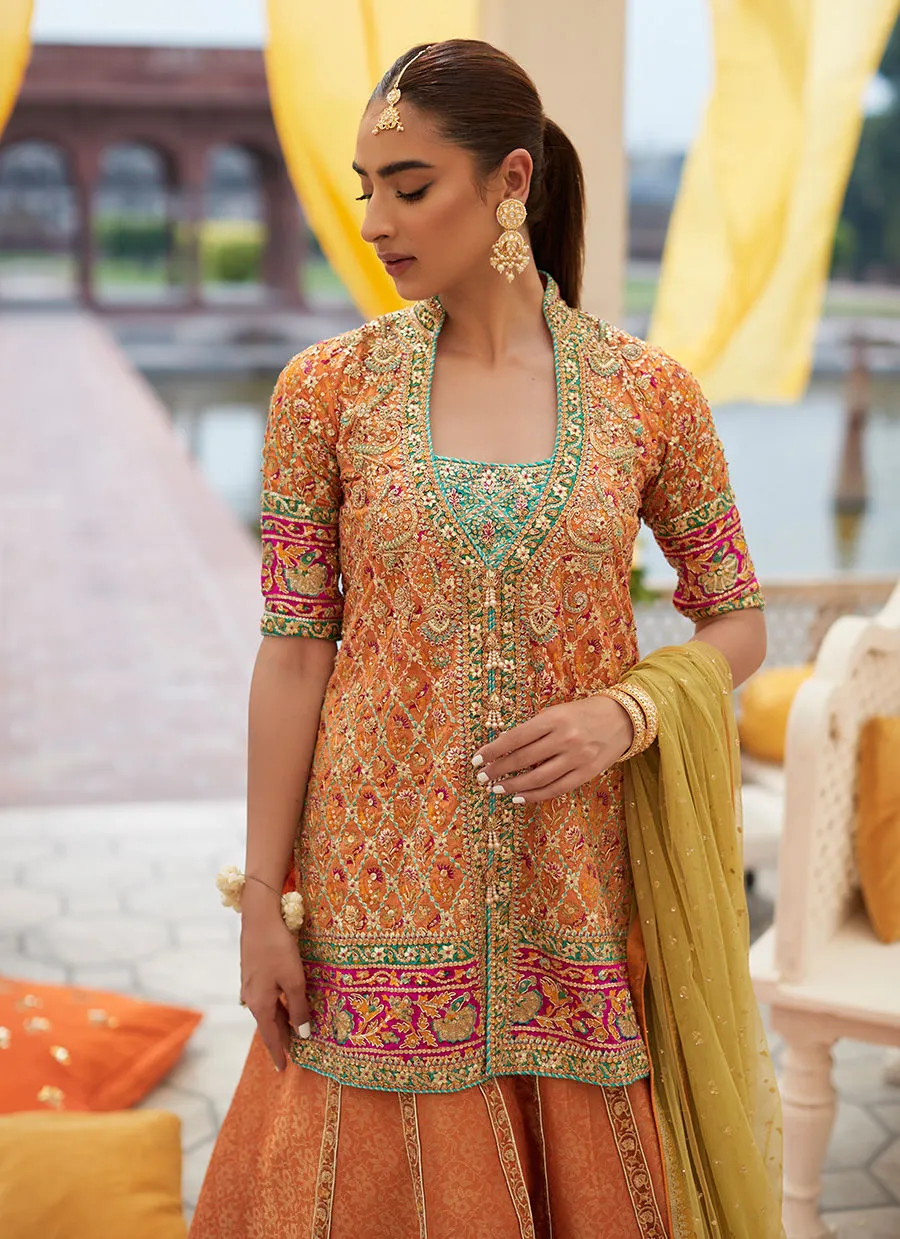 Orange Lehenga Skirt Dress for Pakistani Mehndi Wear