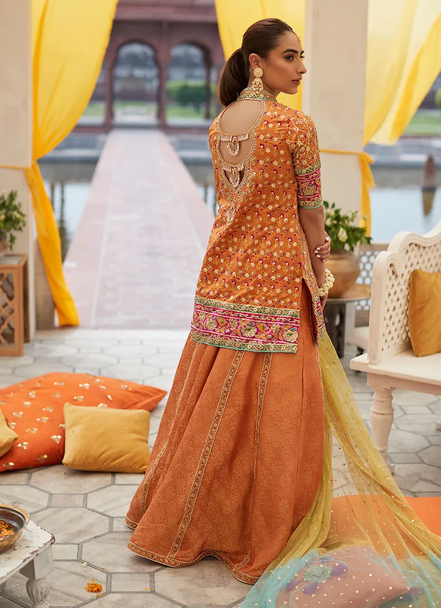 Orange Lehenga Skirt Dress for Pakistani Mehndi Wear