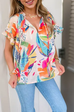 Orange Printed Tie Split Neck Frilled Short Sleeve Blouse