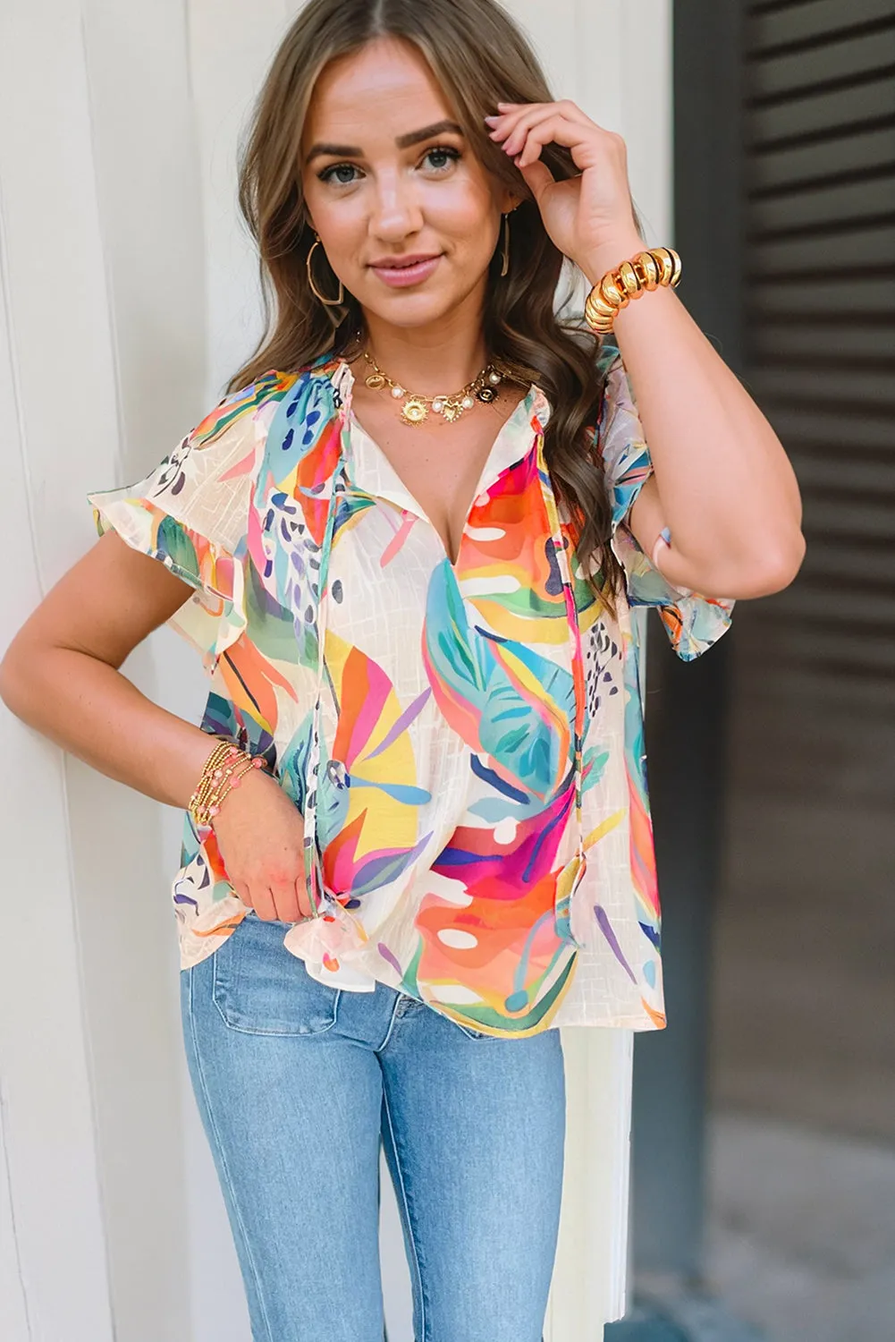 Orange Printed Tie Split Neck Frilled Short Sleeve Blouse
