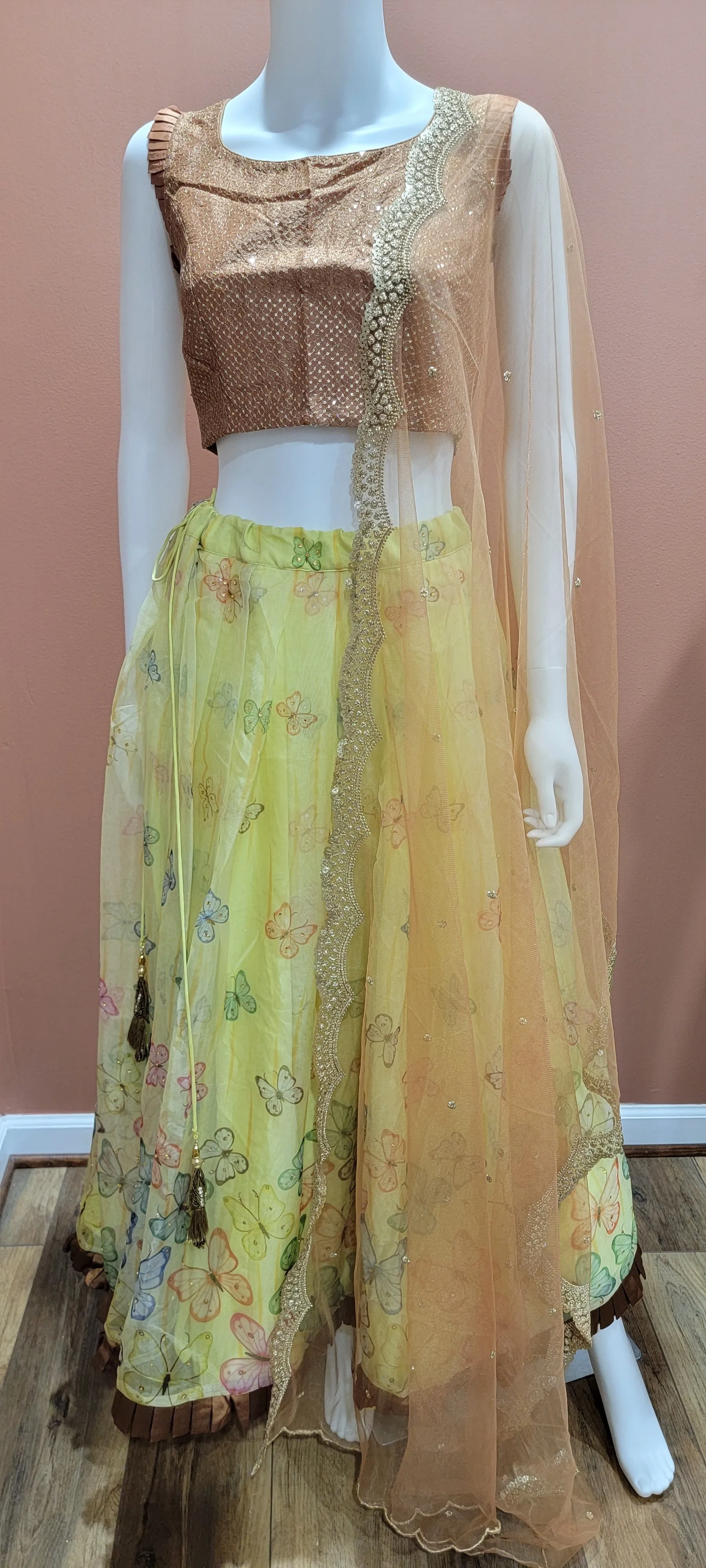 Organza Lehenga Set in Brown and Yellow