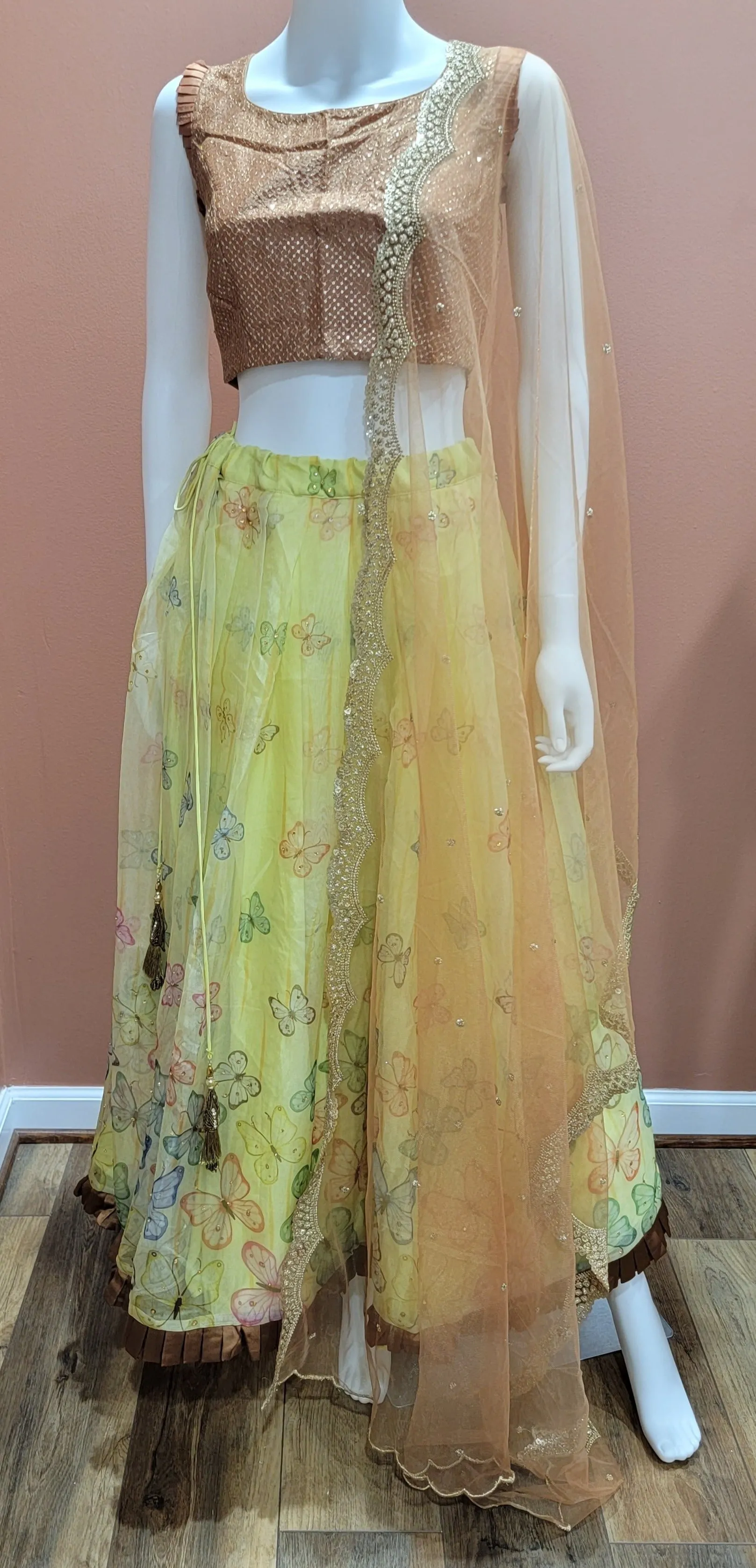 Organza Lehenga Set in Brown and Yellow