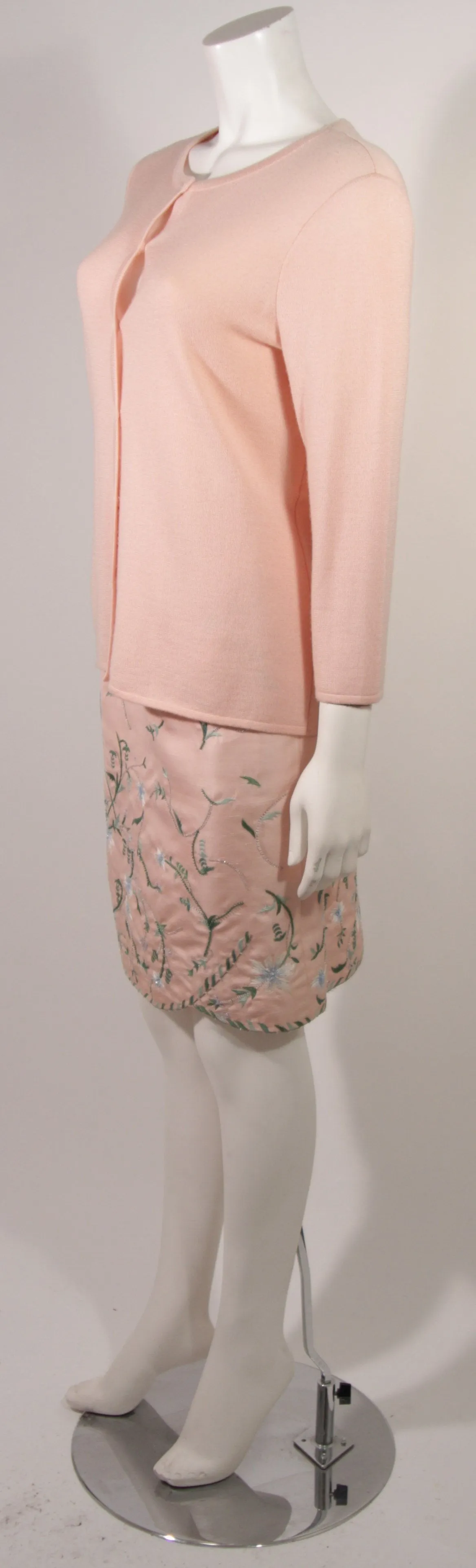 OSCAR DE LA RENTA Pink Floral Skirt & Cardigan Set Size Large