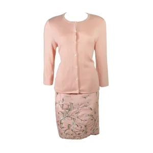 OSCAR DE LA RENTA Pink Floral Skirt & Cardigan Set Size Large