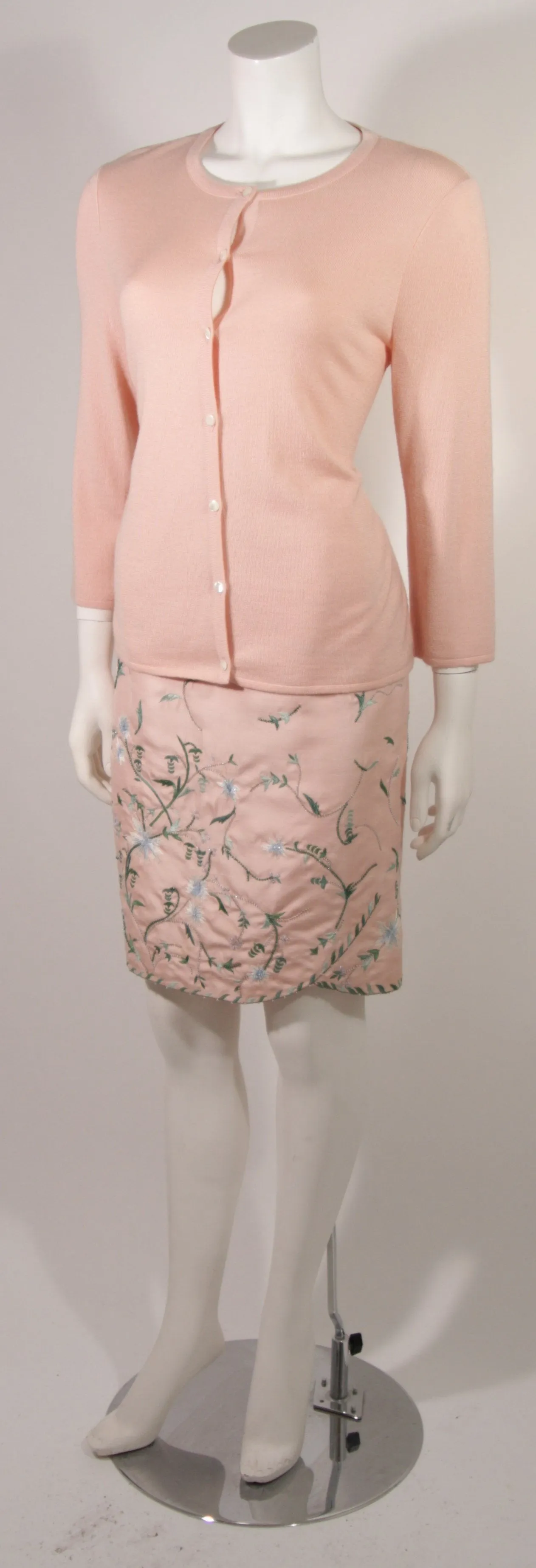 OSCAR DE LA RENTA Pink Floral Skirt & Cardigan Set Size Large
