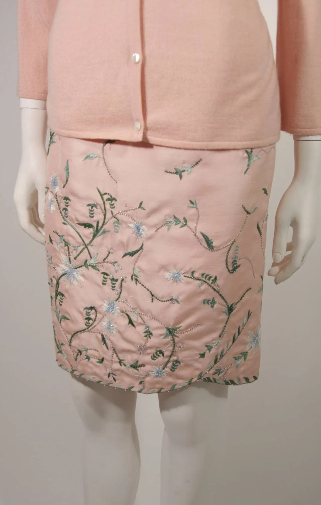 OSCAR DE LA RENTA Pink Floral Skirt & Cardigan Set Size Large