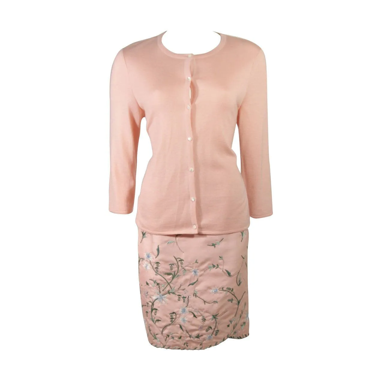 OSCAR DE LA RENTA Pink Floral Skirt & Cardigan Set Size Large