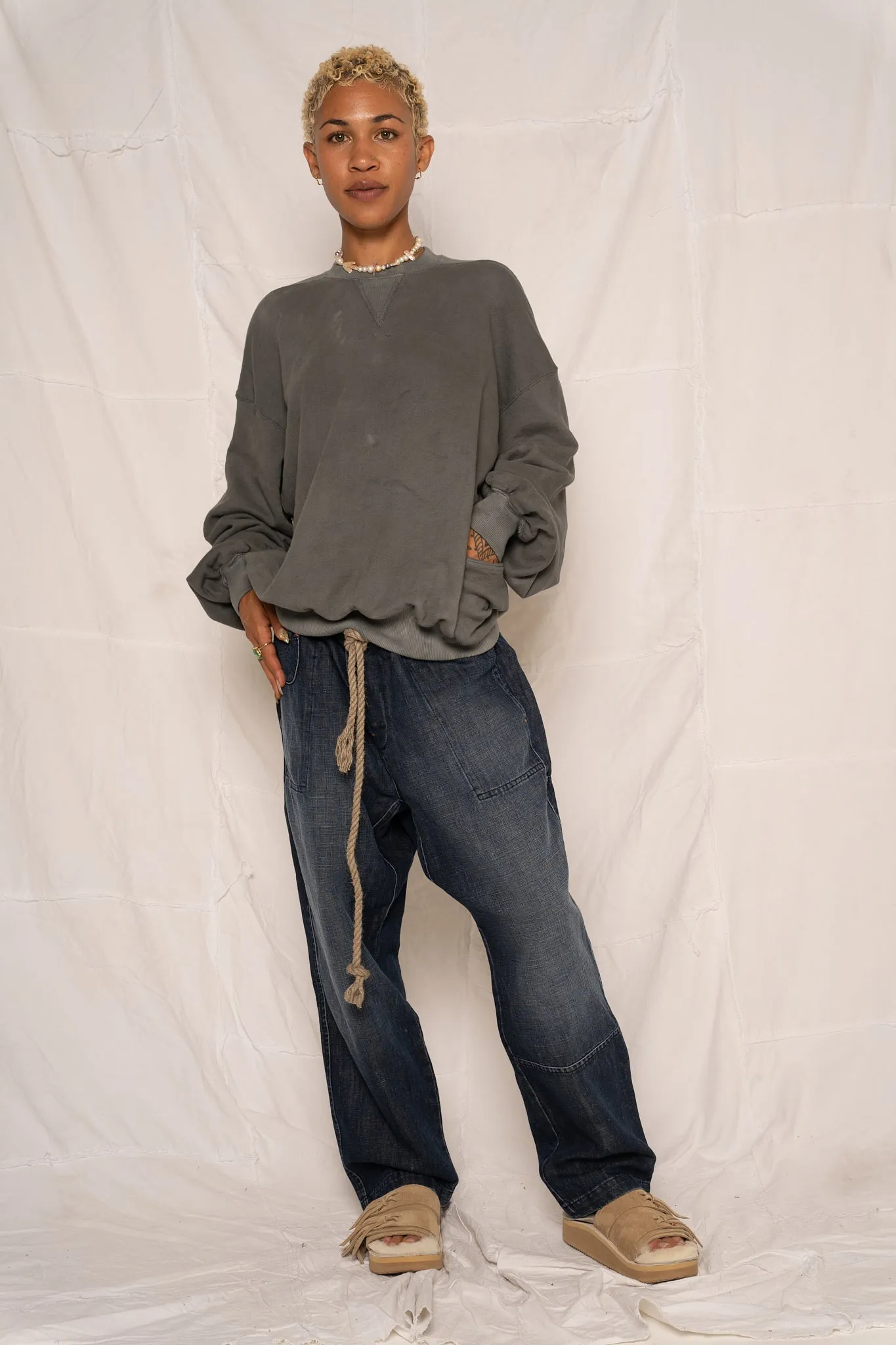 P65 Farmer Pleated Pants Denim Linen Sunfaded