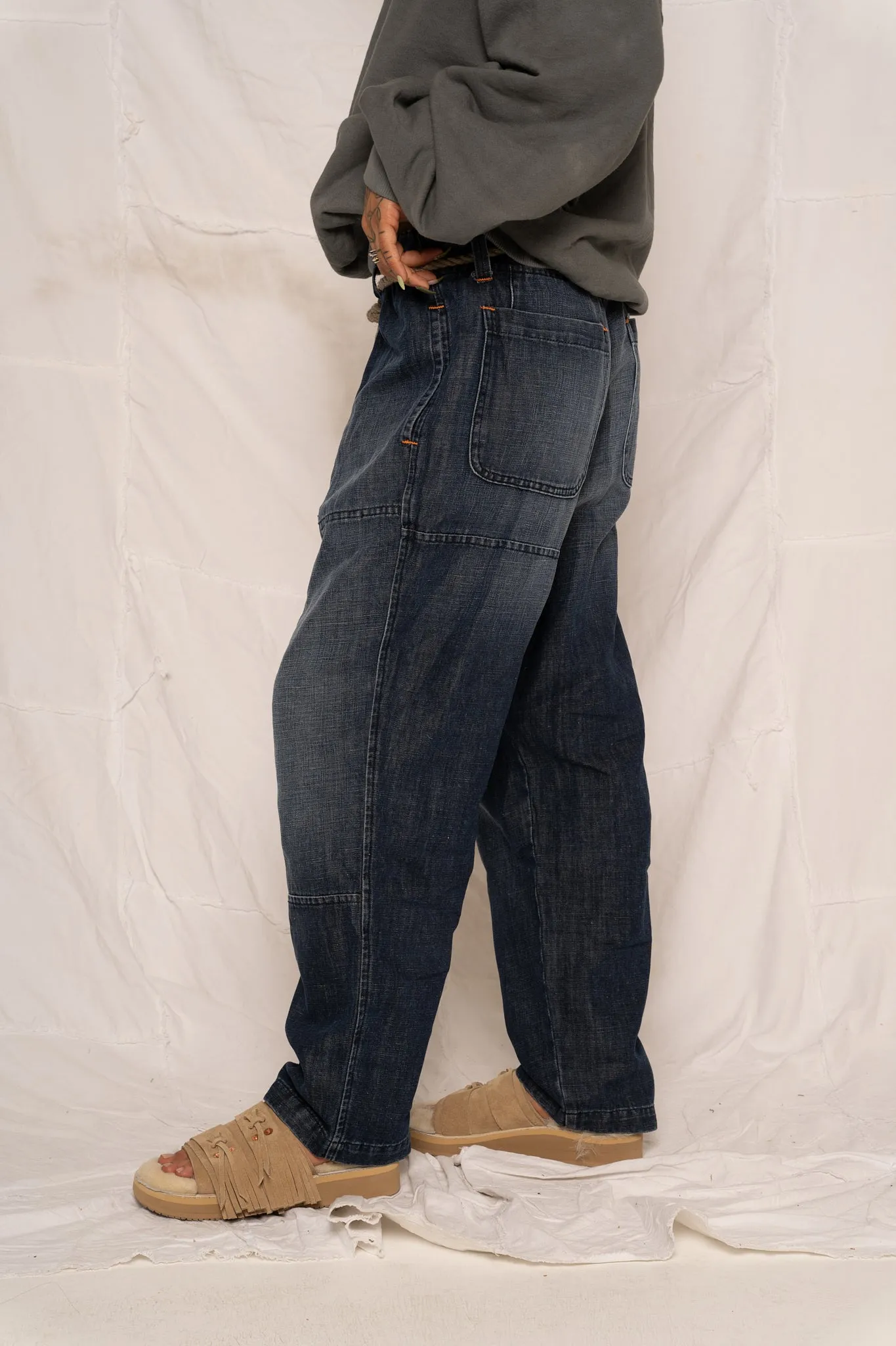 P65 Farmer Pleated Pants Denim Linen Sunfaded