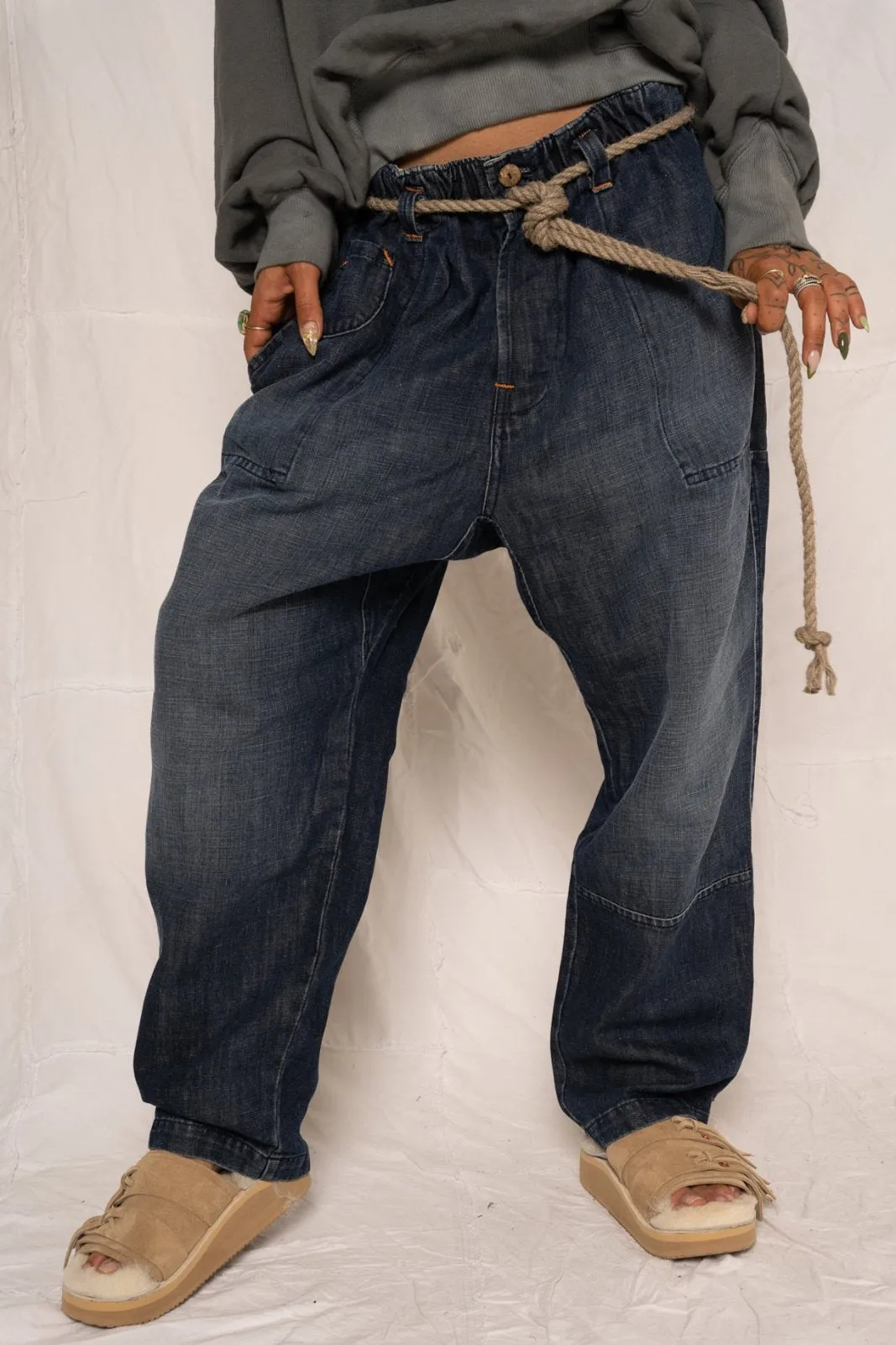 P65 Farmer Pleated Pants Denim Linen Sunfaded