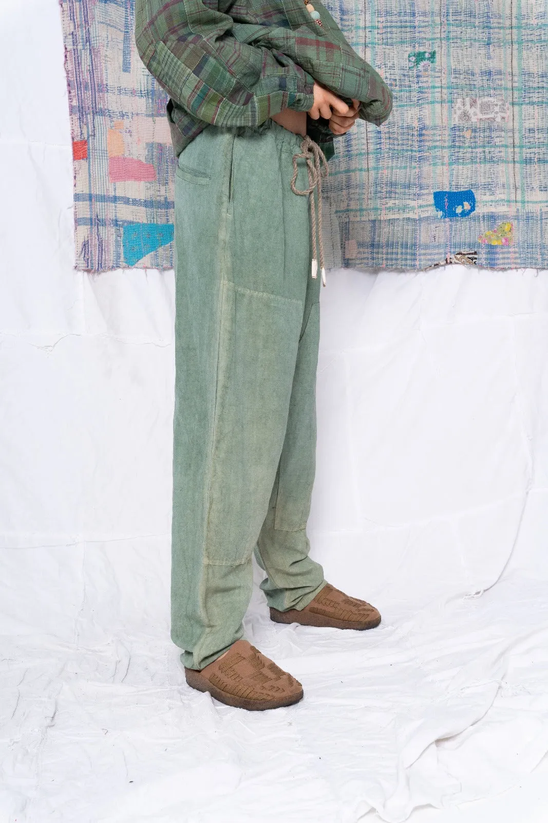 P70 Pleated Easy Pant Wild Silk & Hemp Uneven Dye Sea Green