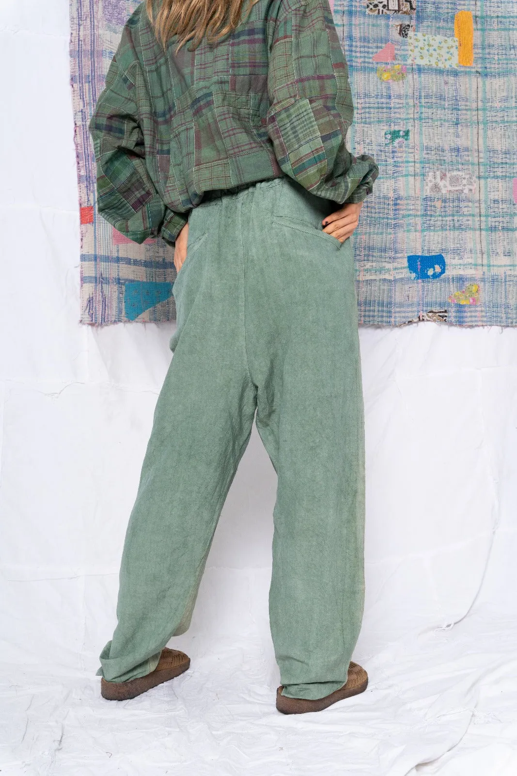 P70 Pleated Easy Pant Wild Silk & Hemp Uneven Dye Sea Green