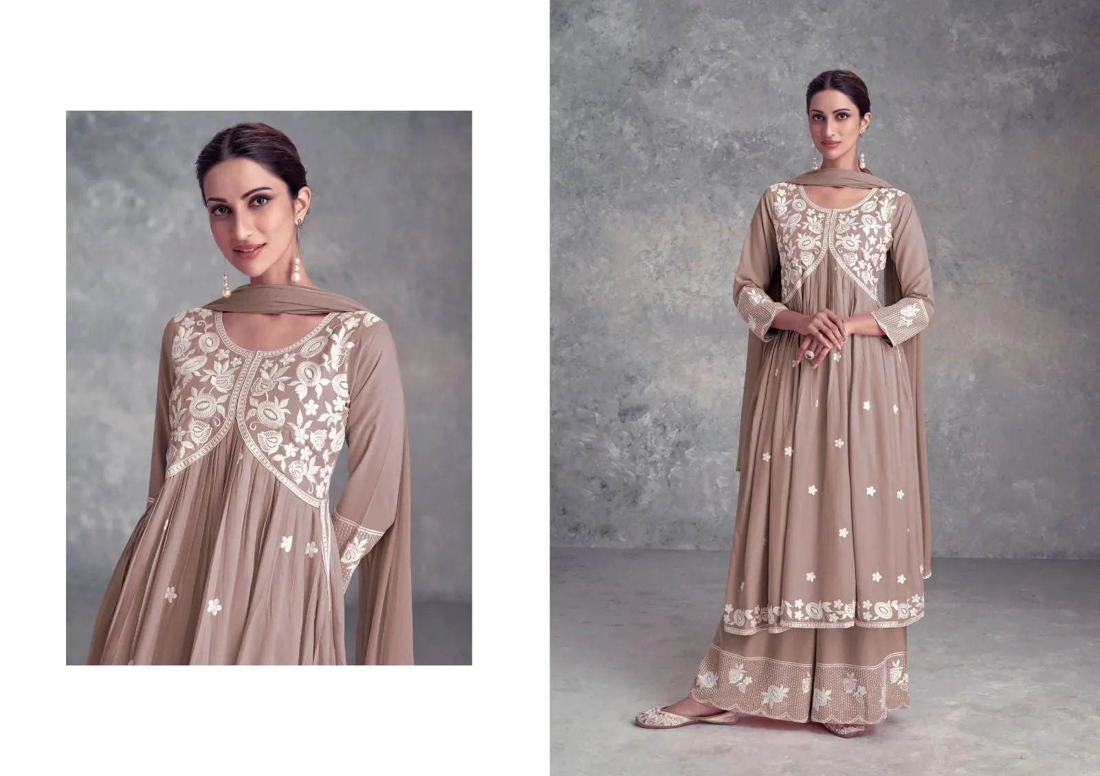 Pastel Brown Purple Nyra Cut Palazzo Suit, Lukhnawi embroidery Palazzo Suit, Indian Ethnic wear