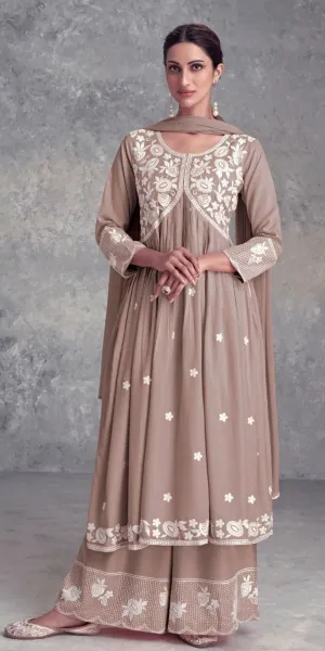 Pastel Brown Purple Nyra Cut Palazzo Suit, Lukhnawi embroidery Palazzo Suit, Indian Ethnic wear