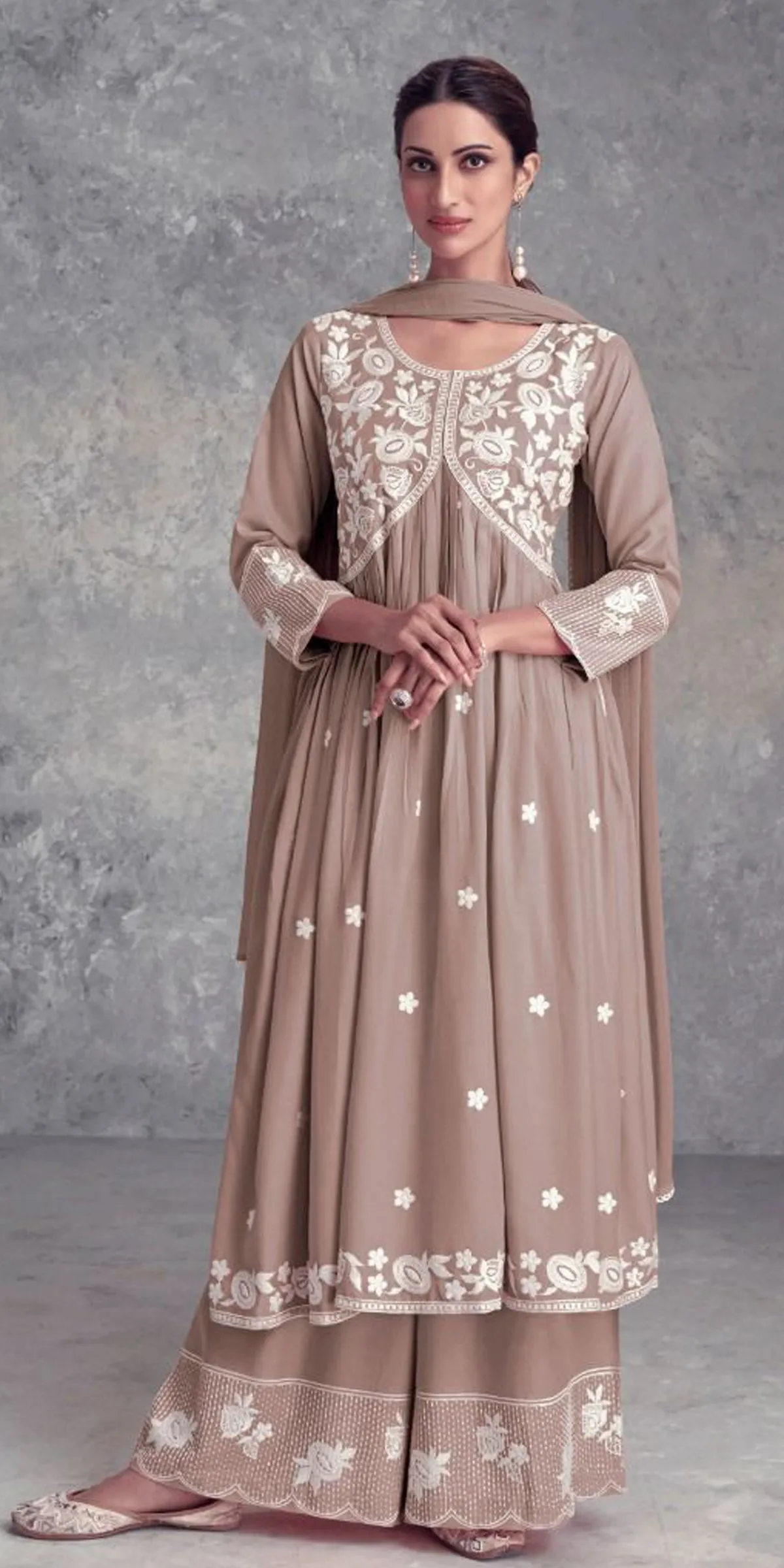 Pastel Brown Purple Nyra Cut Palazzo Suit, Lukhnawi embroidery Palazzo Suit, Indian Ethnic wear