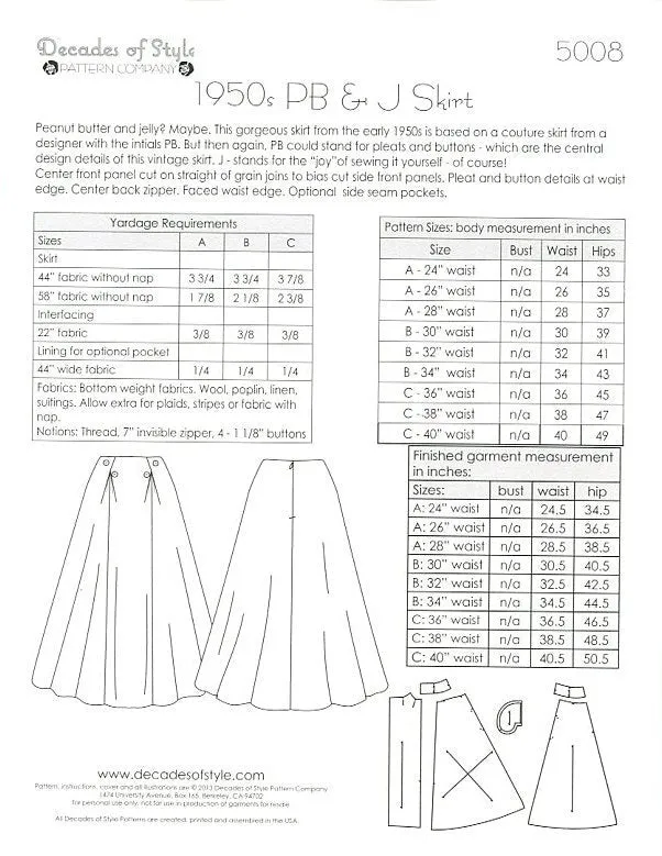 PB & J Skirt 1950 Sewing Pattern