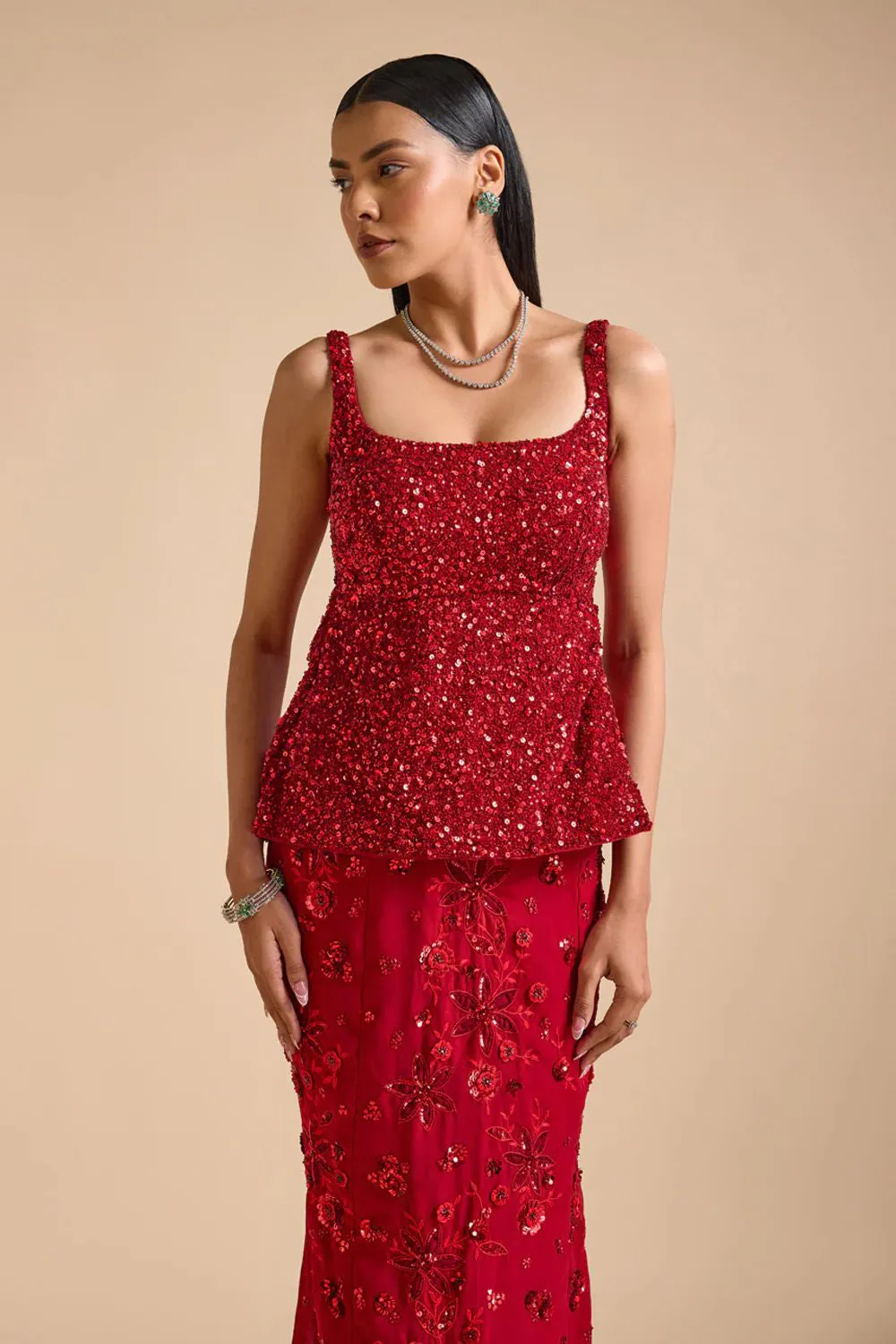 Peplum Top And Slit Skirt Set