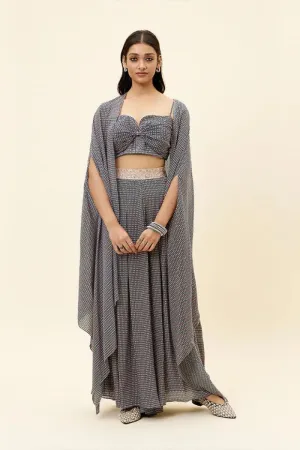PINK BUTTI PRINT BOX PLEATED PANTS WITH BIKINI BUSTIER AND CAPE