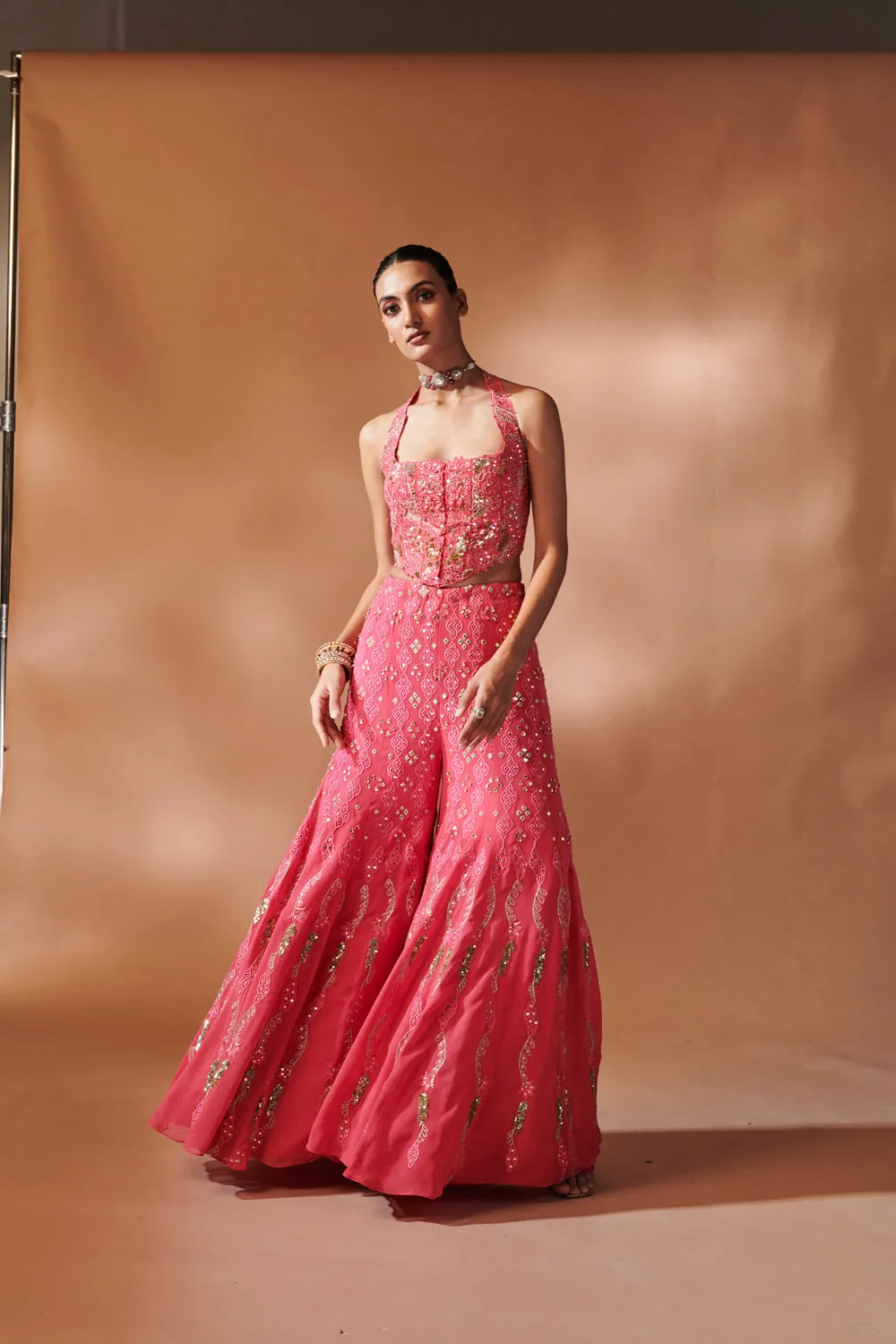 Pink High Waist Sharara With A Corset Blouse